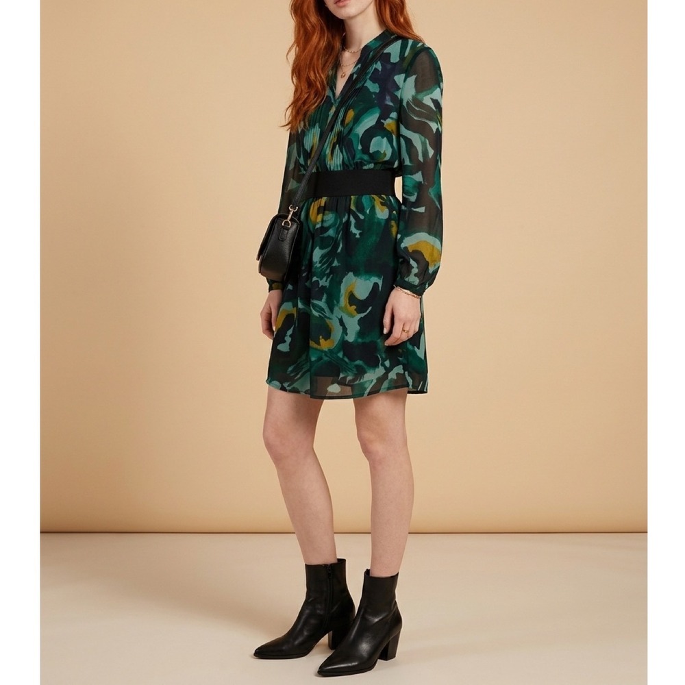Kenneth Cole New York Watercolor Floral Long Sleeve Dress Green Gold Statement